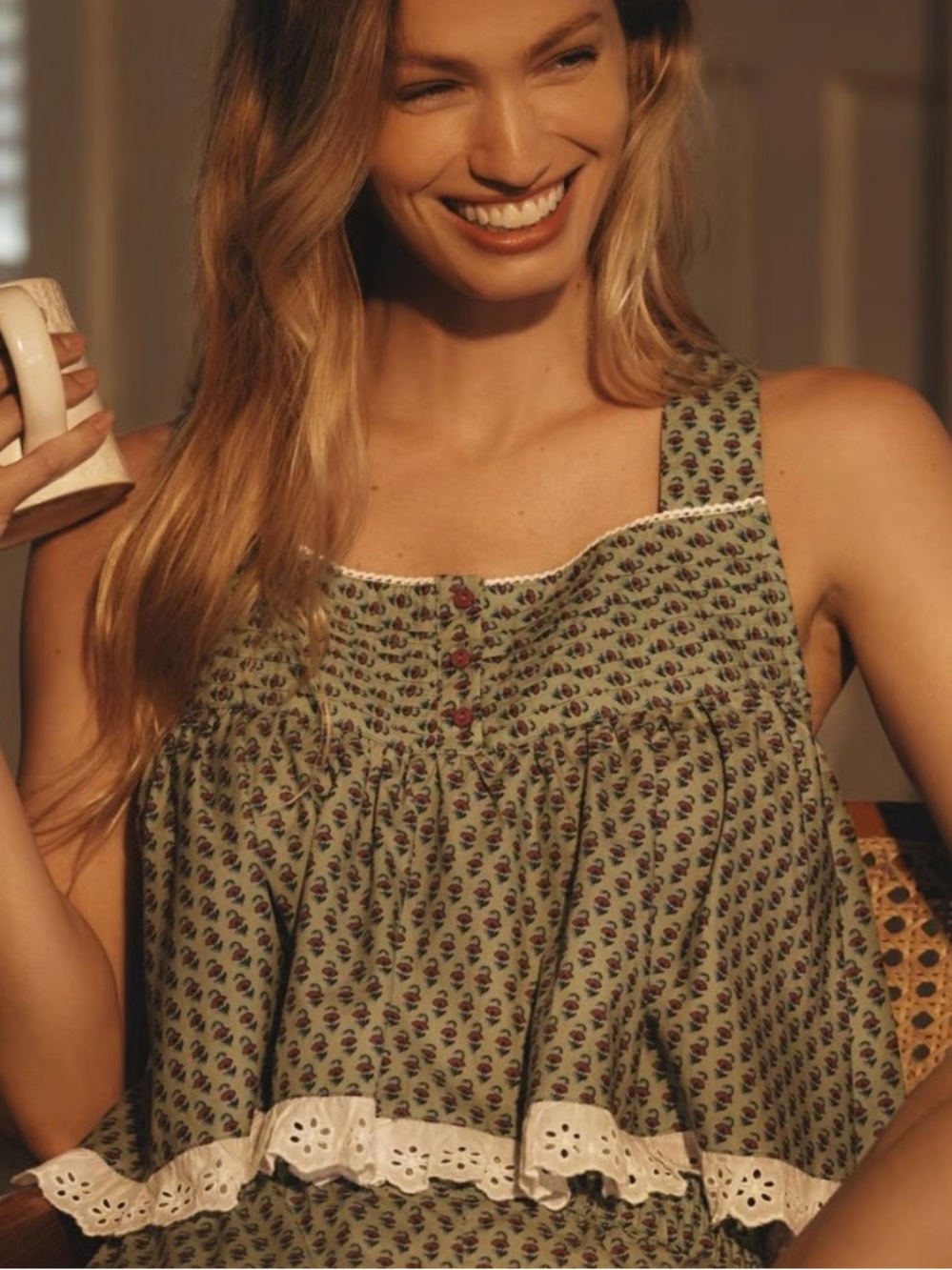 Anthropologie Olive Floral Eyelet Tank top shirt
